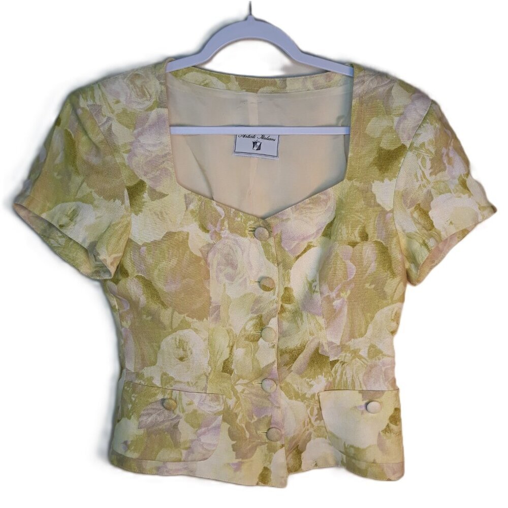 Artisti Italiani Coquette Linen Floral Jacket S Pastel Butter Yellow Cottagecore